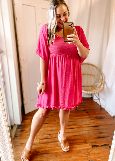 Square Neck Bell Sleeve Smocked Bodice Dress in Hot Pink