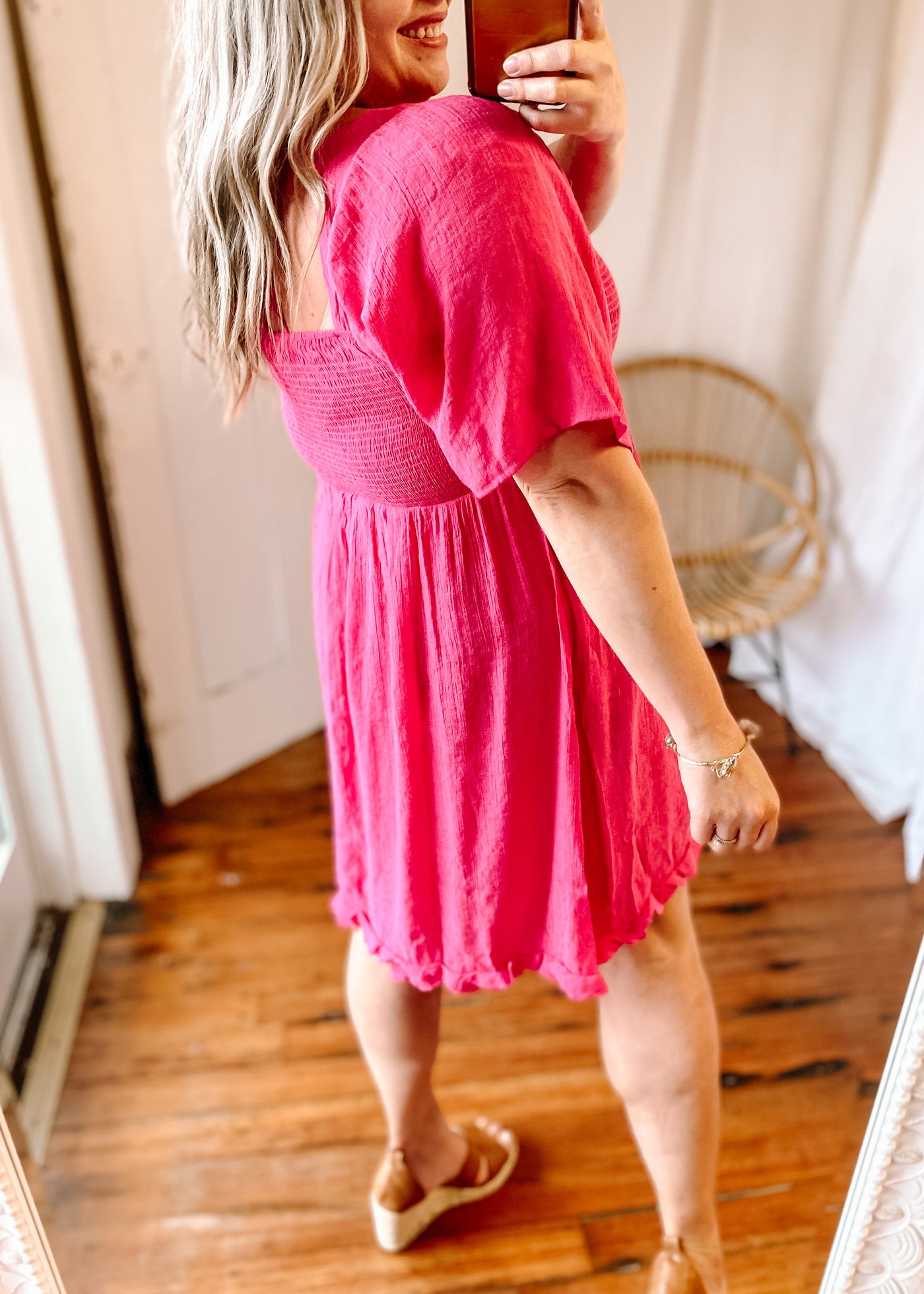 Square Neck Bell Sleeve Smocked Bodice Dress in Hot Pink