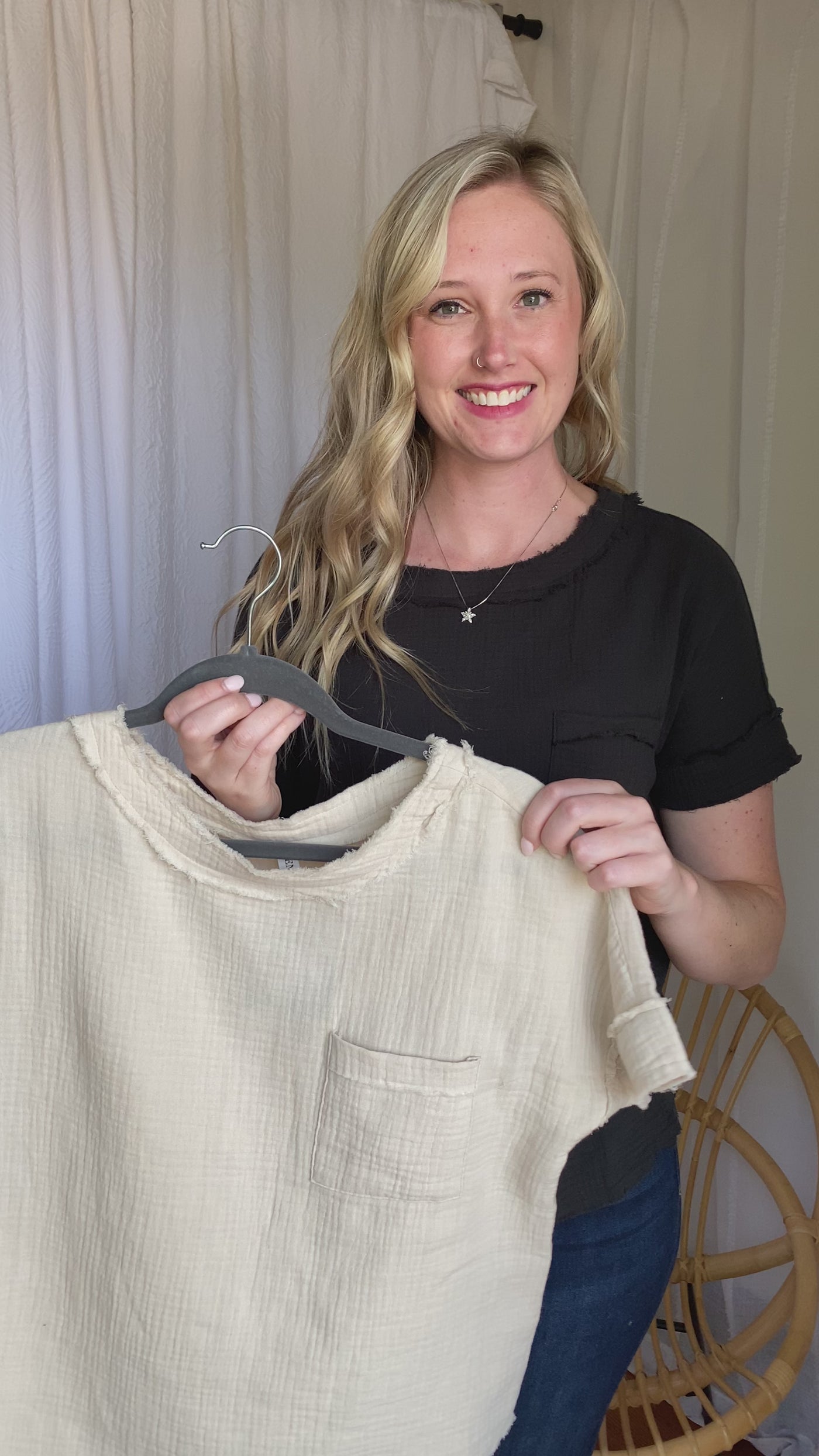 Double Gauze Boat Neck Top in Sand Beige