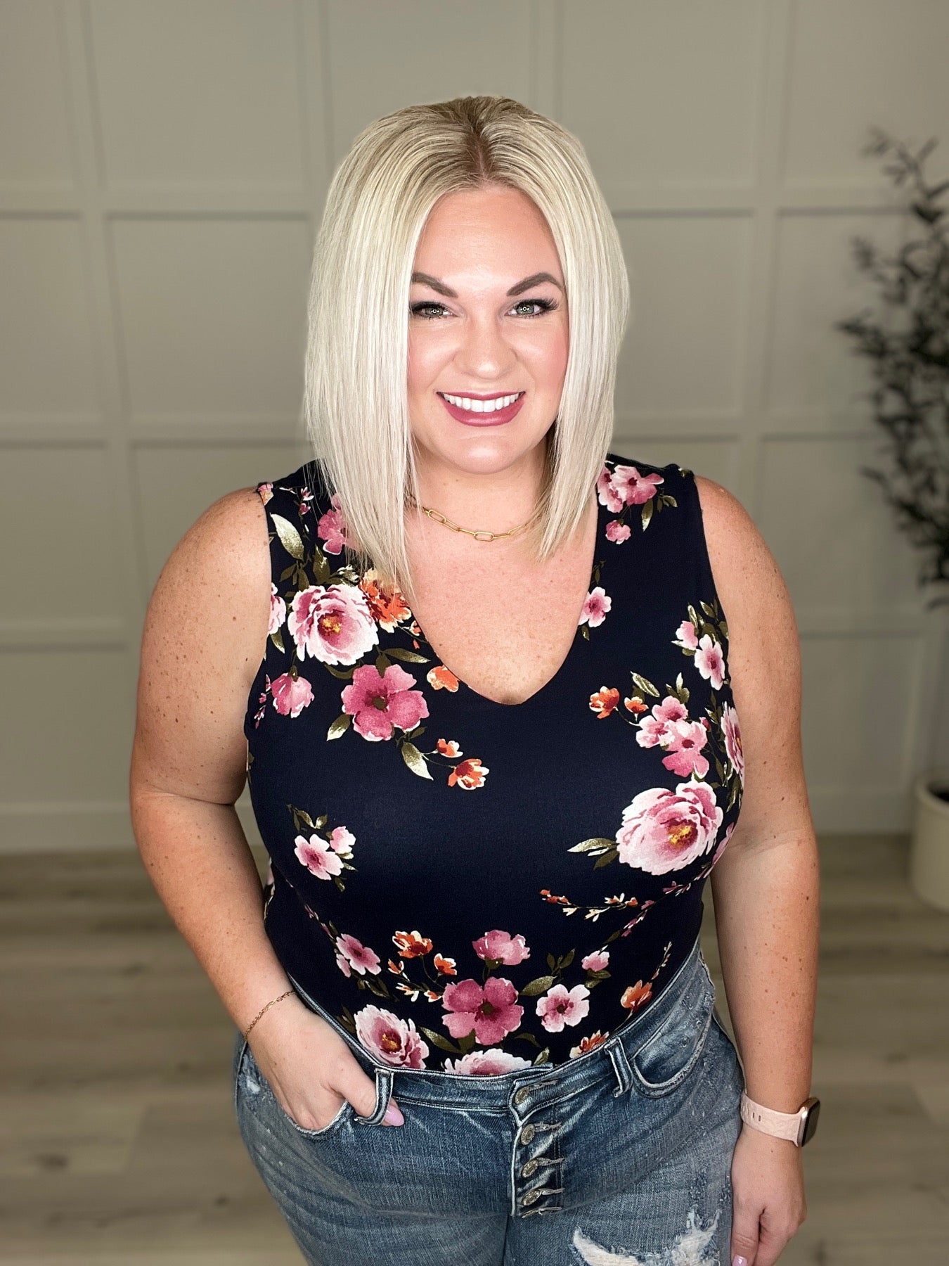 Brand Collab Sleeveless Floral V-Neck Bodysuit in Navy