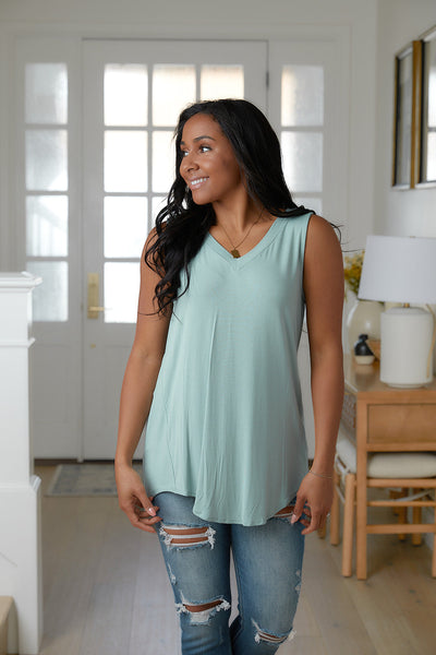Brand Collab Trust Me V-Neck Tank in Dusty Green