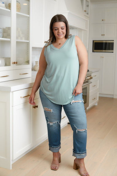 Brand Collab Trust Me V-Neck Tank in Dusty Green