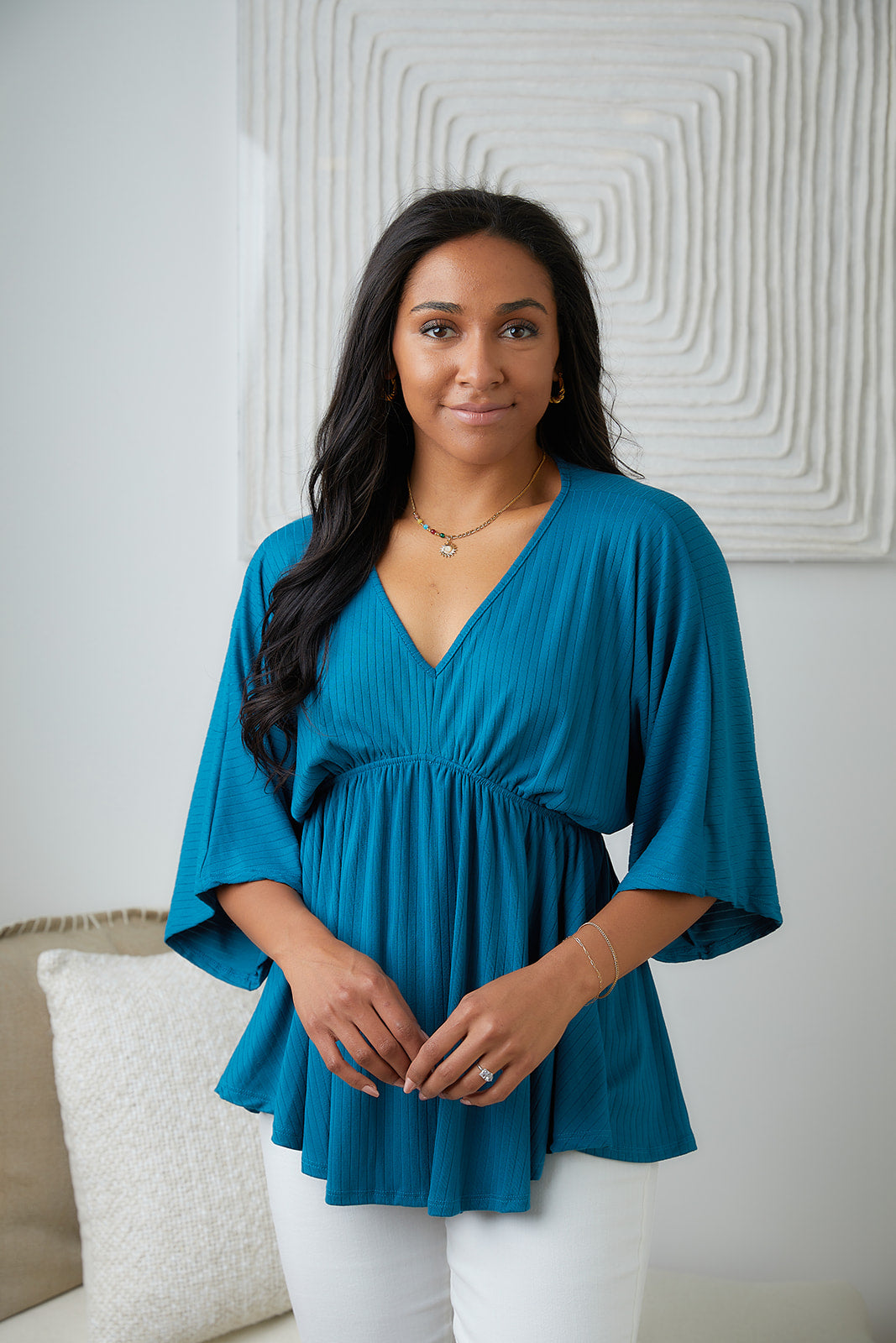 Brand Collab Storied Moments Draped Peplum Top in Teal