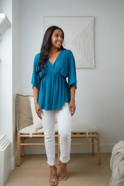 Brand Collab Storied Moments Draped Peplum Top in Teal