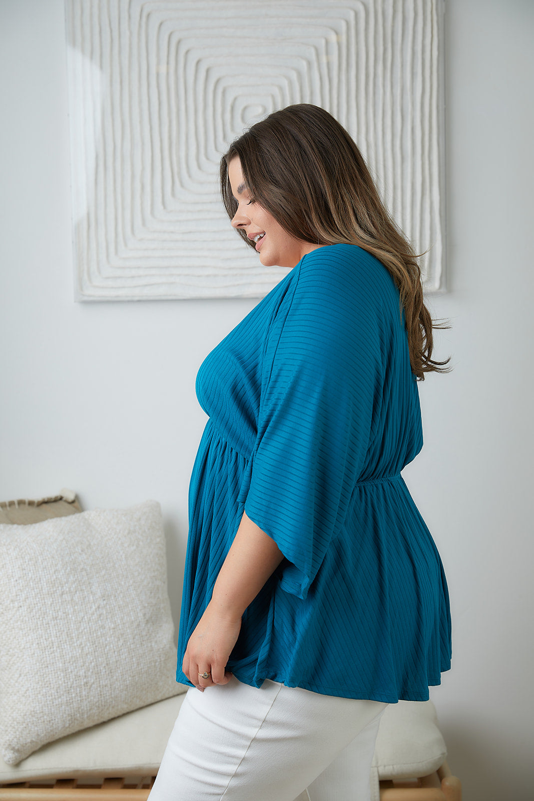 Brand Collab Storied Moments Draped Peplum Top in Teal