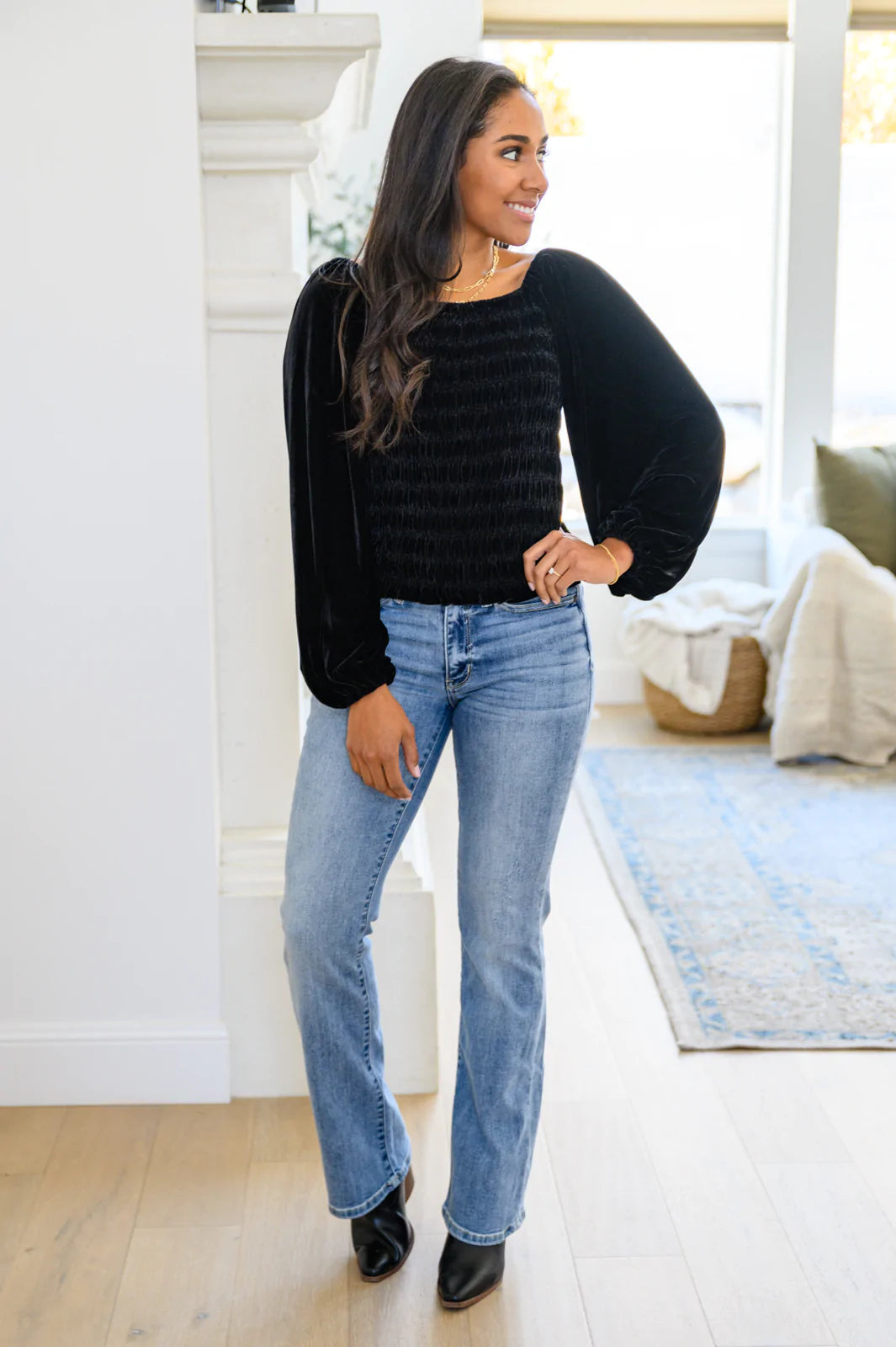 Brand Collab Believe In Miracles Smocked Velvet Top In Black