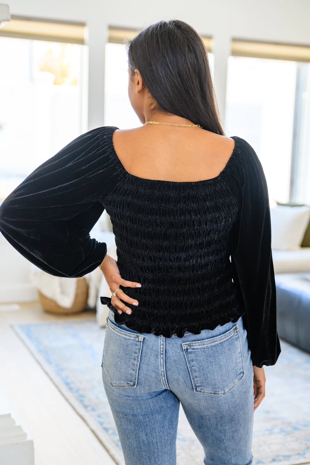 Brand Collab Believe In Miracles Smocked Velvet Top In Black