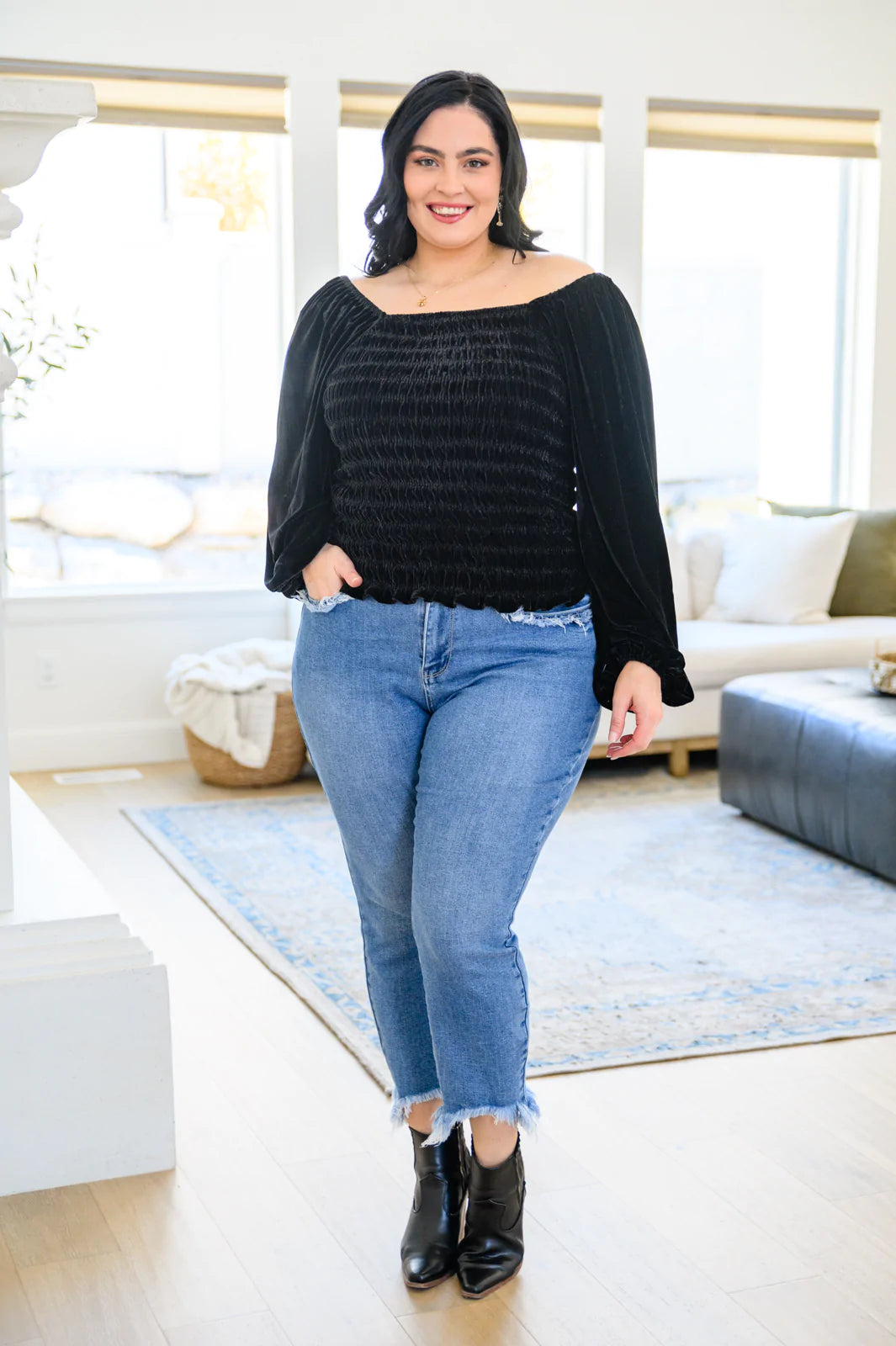 Brand Collab Believe In Miracles Smocked Velvet Top In Black