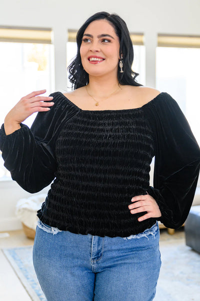 Brand Collab Believe In Miracles Smocked Velvet Top In Black
