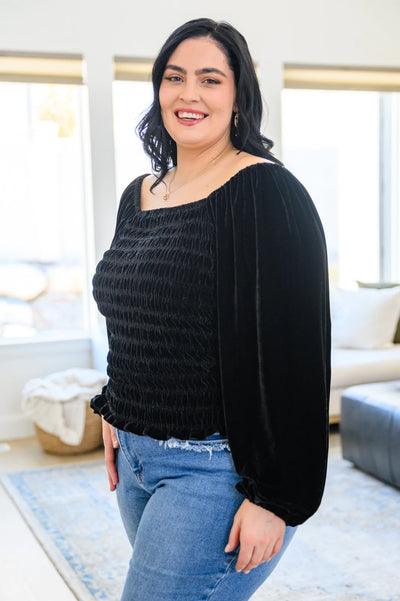Brand Collab Believe In Miracles Smocked Velvet Top In Black