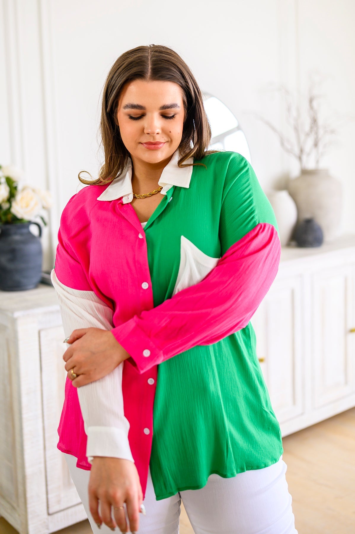 Brand Collab Capture the Day Two Toned Button Up Kelly