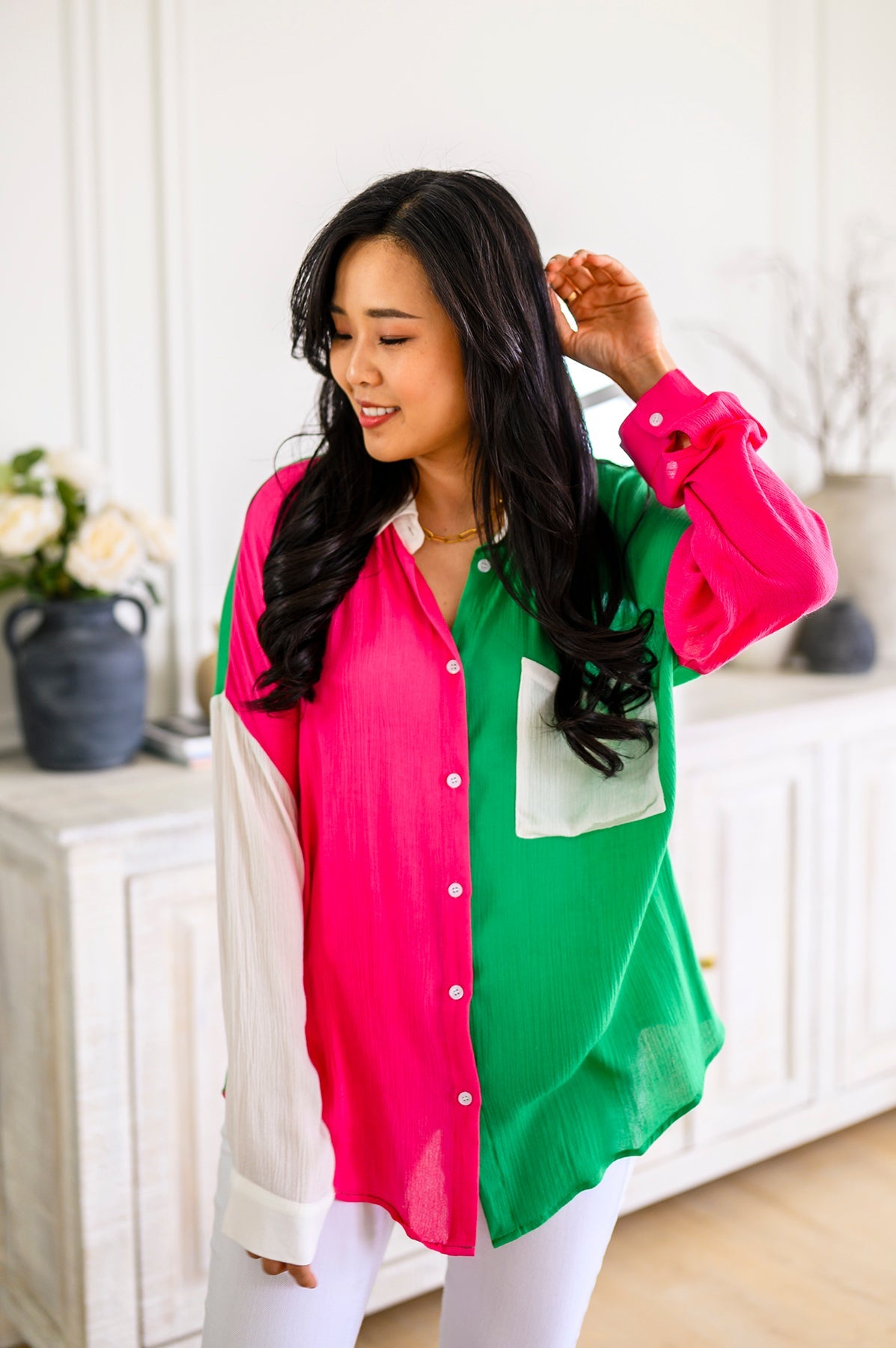 Brand Collab Capture the Day Two Toned Button Up Kelly
