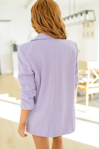 Brand Collab Chic In Lavender Ruched 3/4 Sleeve Blazer