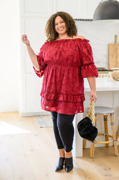 Brand Collab Hello, Goodbye Ruffle Dress In Burgundy