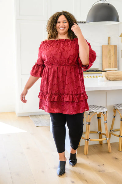 Brand Collab Hello, Goodbye Ruffle Dress In Burgundy