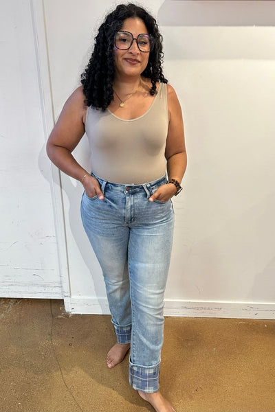 Brand Collab Miranda High Rise Plaid Cuff Vintage Straight Jeans