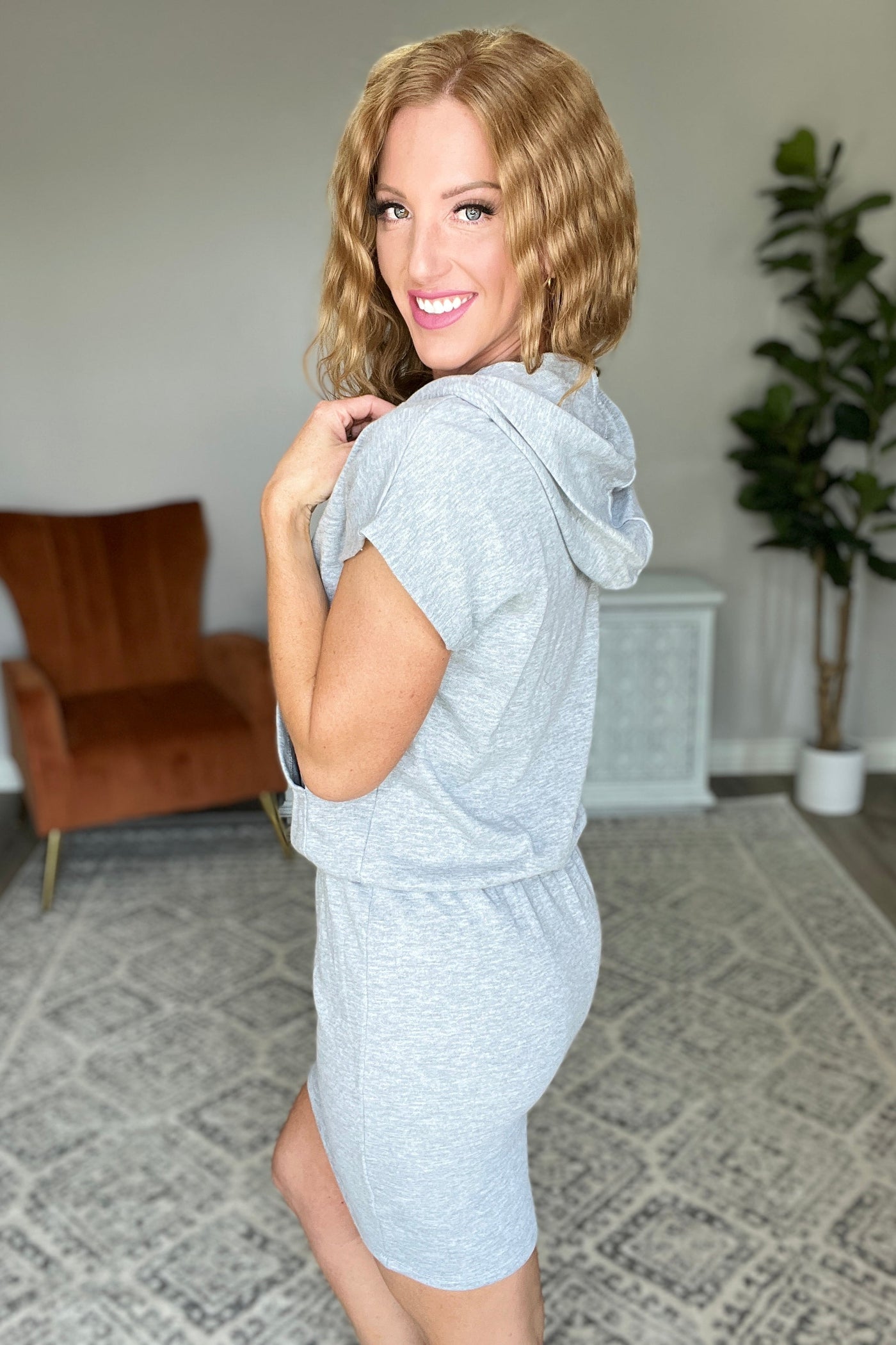 Brand Collab Short Sleeve Hoodie Dress in Heather Grey