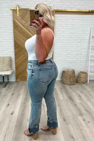 Brand Collab Miranda High Rise Plaid Cuff Vintage Straight Jeans