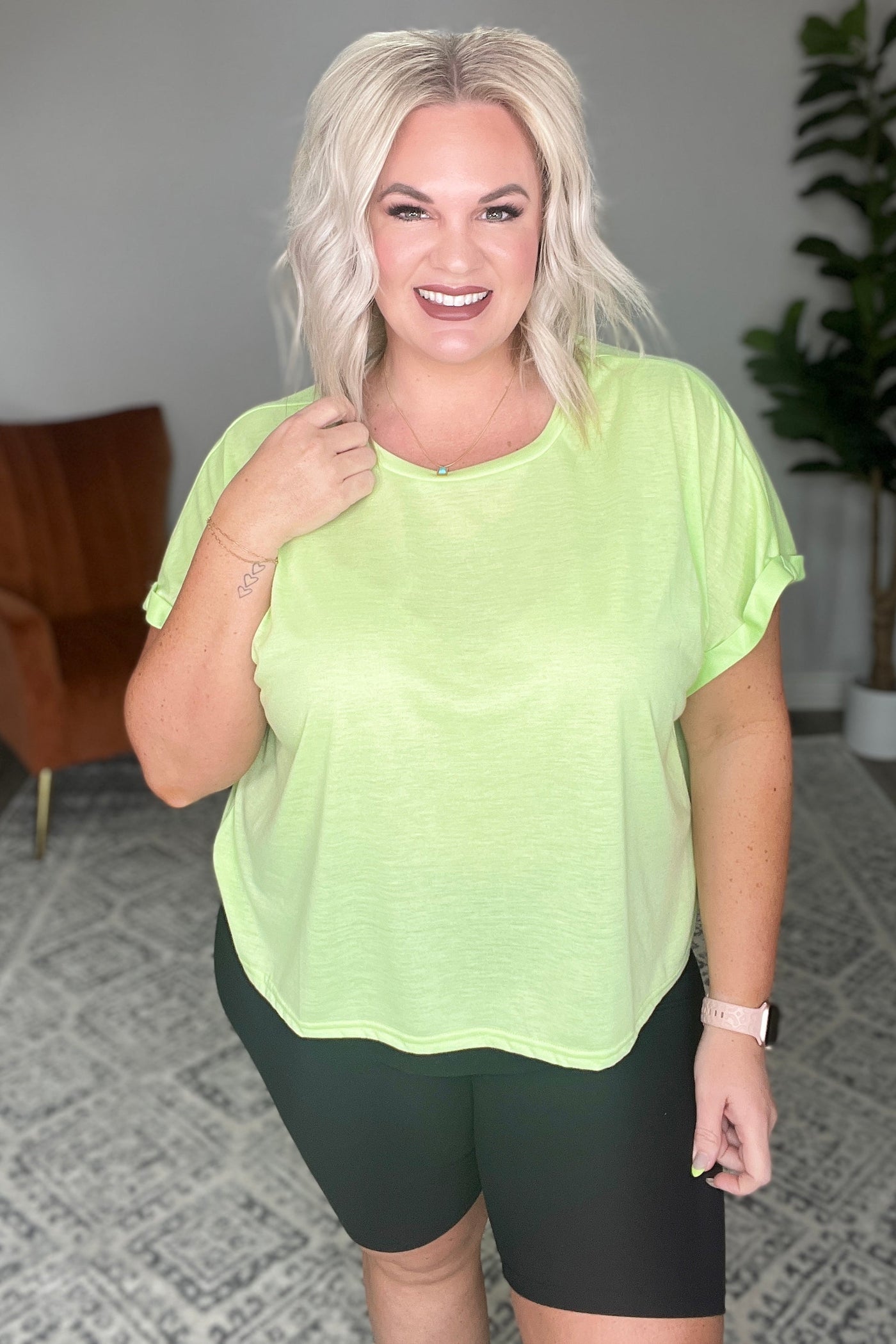 Brand Collab Round Neck Cuffed Sleeve Top in Lime