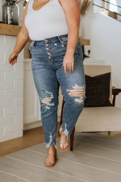 Brand Collab Josie Mid Rise Button Fly Boyfriend Jeans