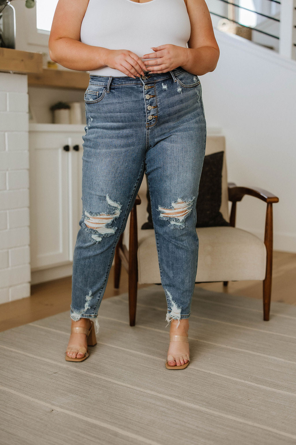 Brand Collab Josie Mid Rise Button Fly Boyfriend Jeans