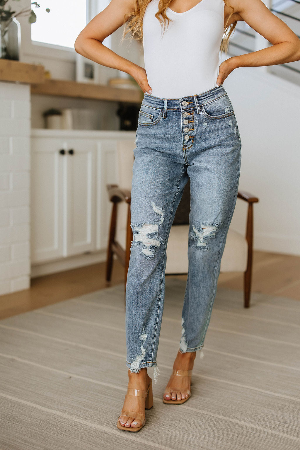 Brand Collab Josie Mid Rise Button Fly Boyfriend Jeans