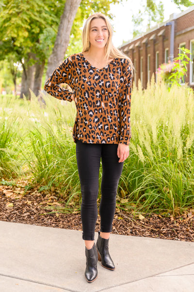 Brand Collab Just For Fun Long Sleeve V Neck Animal Print Top