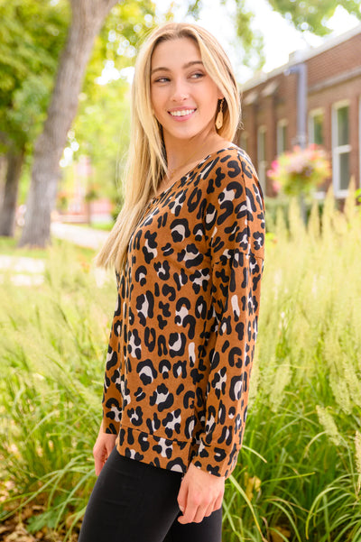 Brand Collab Just For Fun Long Sleeve V Neck Animal Print Top