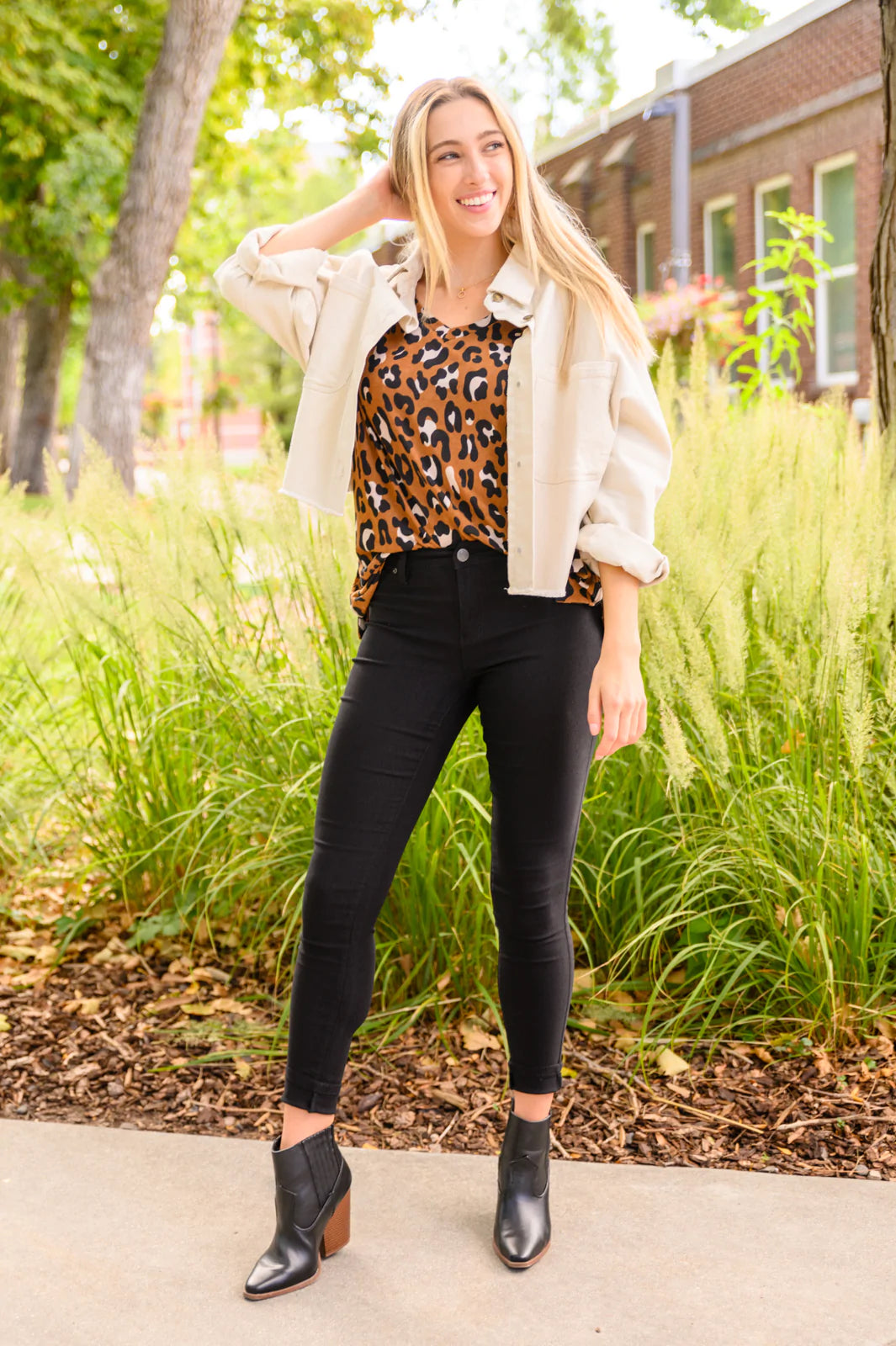 Brand Collab Just For Fun Long Sleeve V Neck Animal Print Top