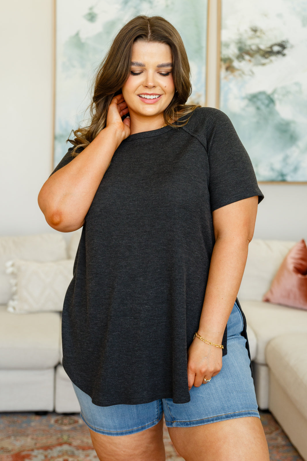 Brand Collab Kathleen Waffle Knit Top in Black