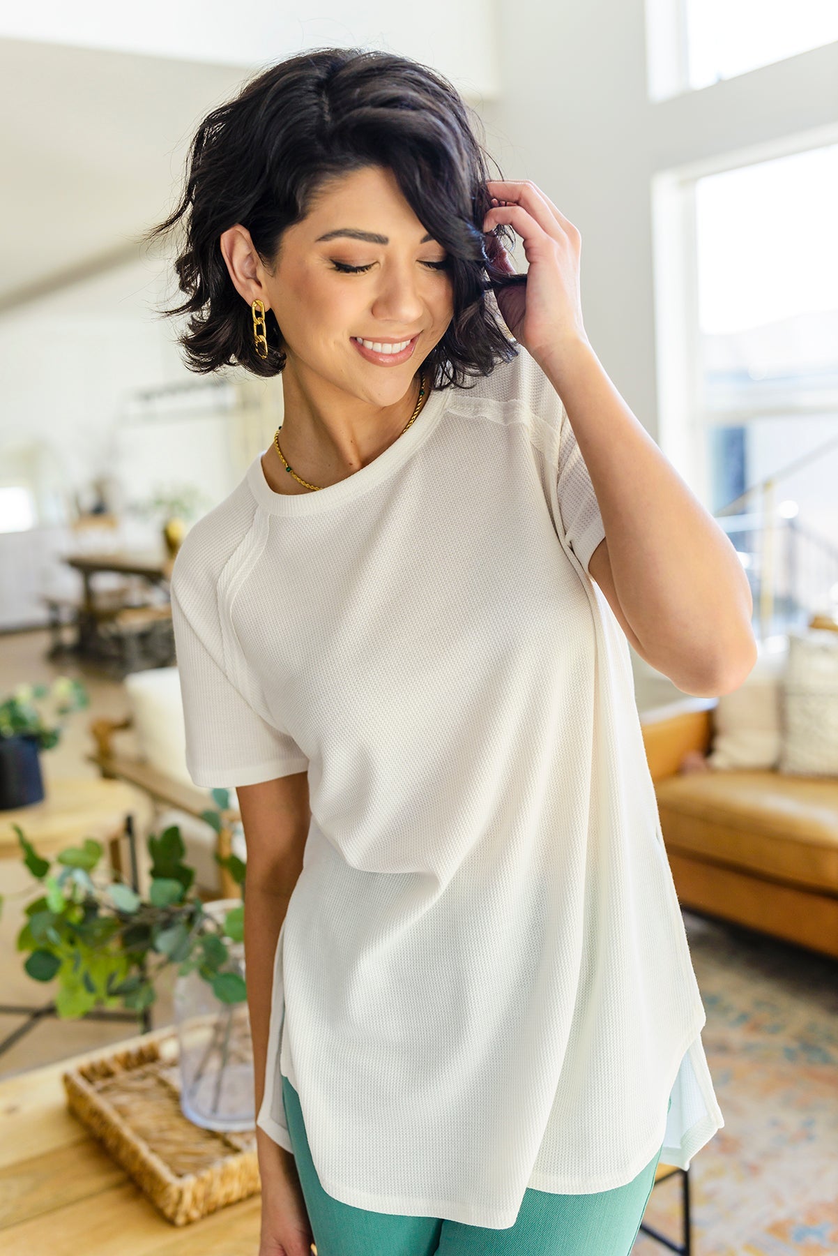 Brand Collab Kathleen Waffle Knit Top in Ivory