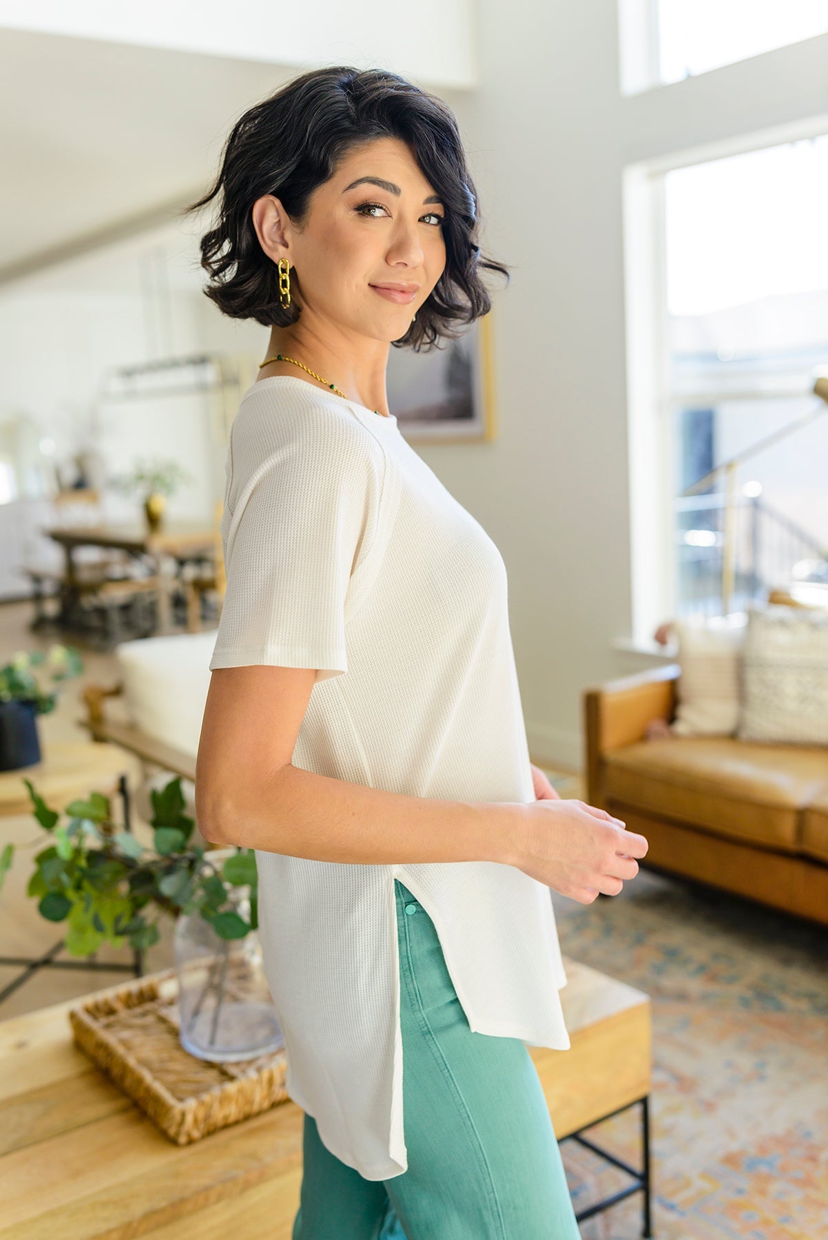Brand Collab Kathleen Waffle Knit Top in Ivory