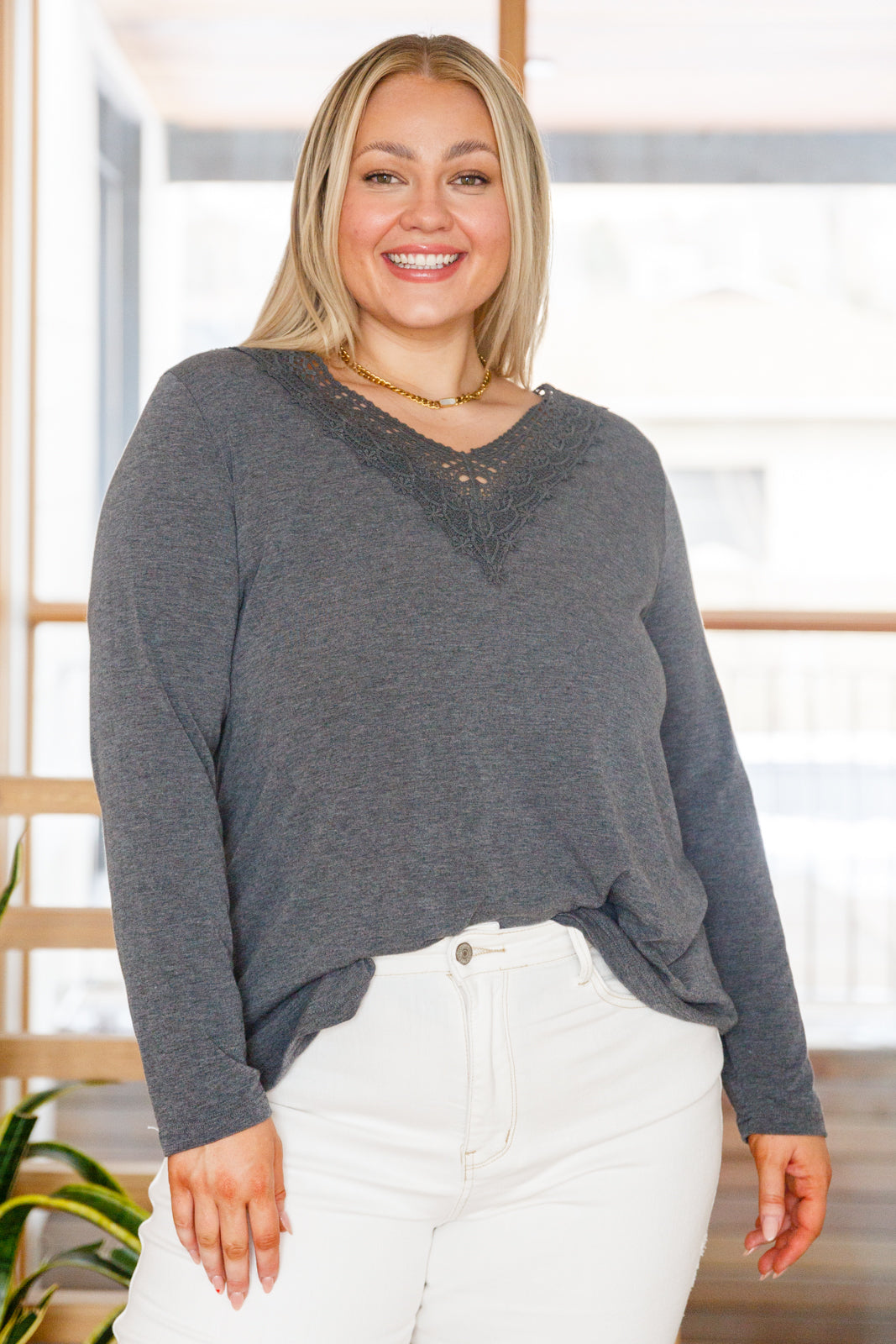 Brand Collab Lacey Long Sleeve V Neck In Gray