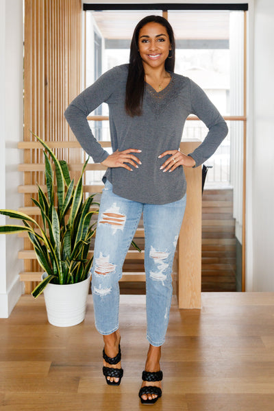 Brand Collab Lacey Long Sleeve V Neck In Gray