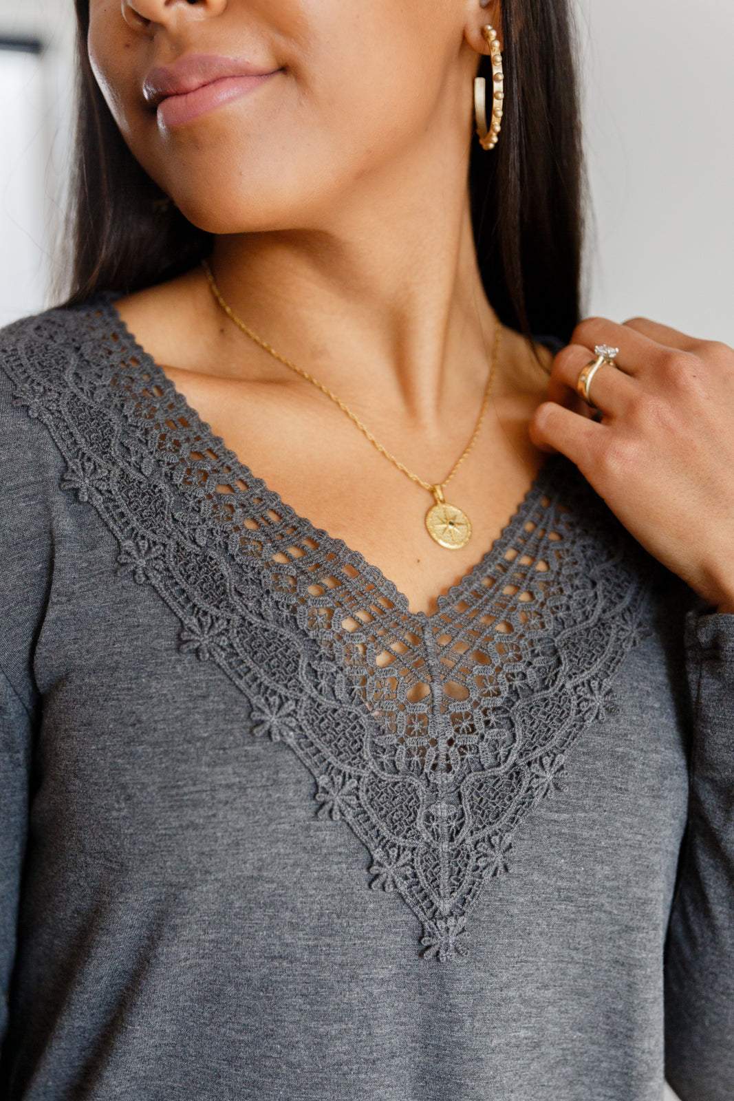 Brand Collab Lacey Long Sleeve V Neck In Gray