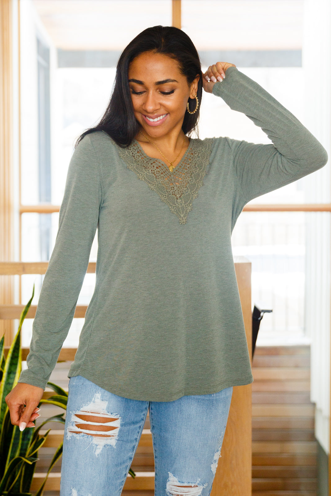 Brand Collab Lacey Long Sleeve V Neck In Olive