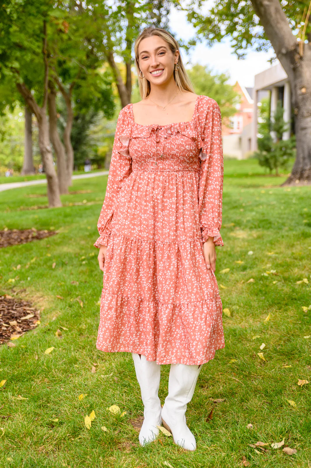Brand Collab Brand Collab Now Is Your Chance Floral Midi Dress In Rust