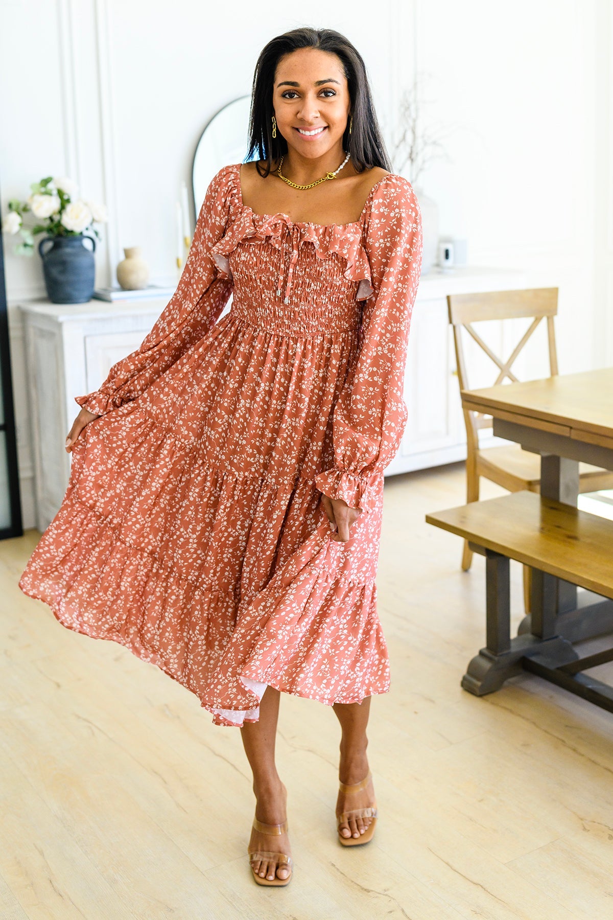 Brand Collab Brand Collab Now Is Your Chance Floral Midi Dress In Rust