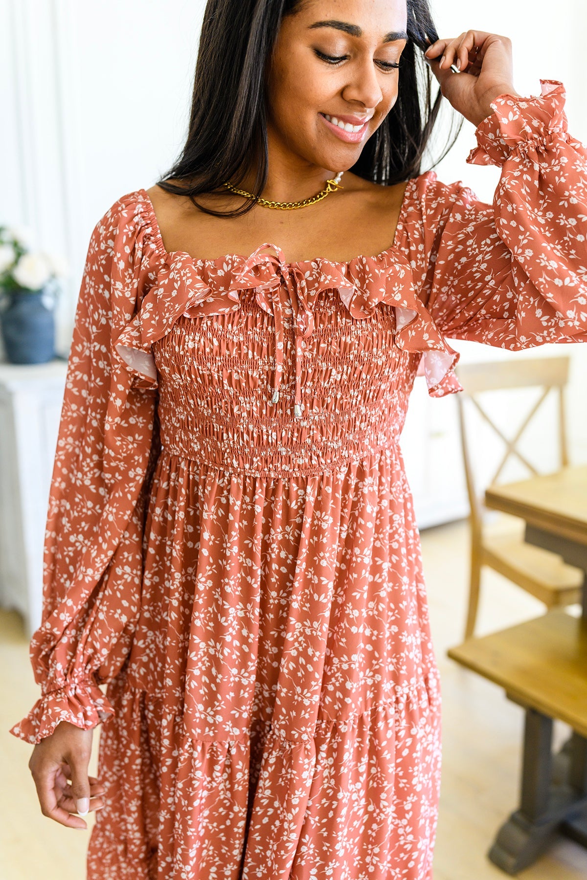 Brand Collab Brand Collab Now Is Your Chance Floral Midi Dress In Rust