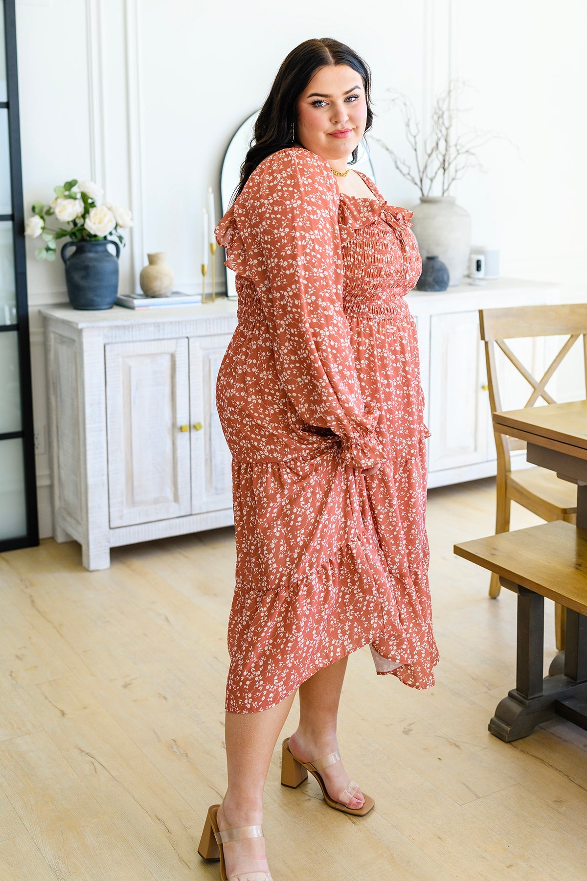 Brand Collab Brand Collab Now Is Your Chance Floral Midi Dress In Rust