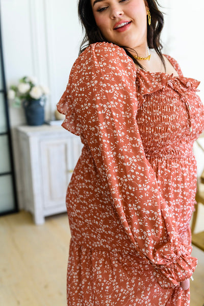 Brand Collab Brand Collab Now Is Your Chance Floral Midi Dress In Rust