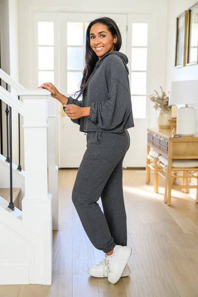 Brand Collab Stay Right Here Soft Knit Hoodie In Charcoal