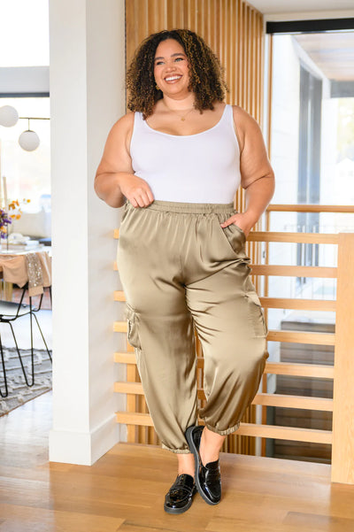 Brand Collab Steal The Night Olive Satin Cargo Joggers
