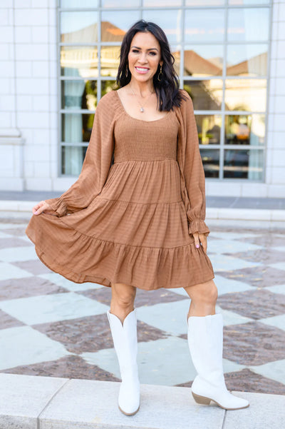 Brand Collab Brand Collab Sweetest Soul Tiered Knee Length Dress In Camel