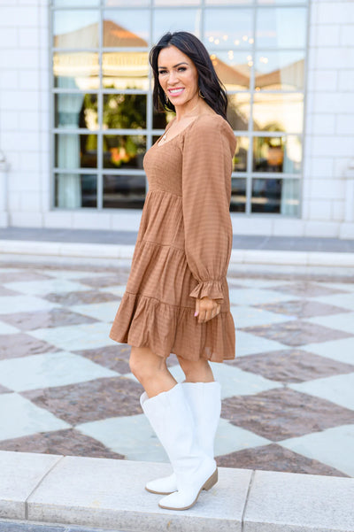 Brand Collab Brand Collab Sweetest Soul Tiered Knee Length Dress In Camel