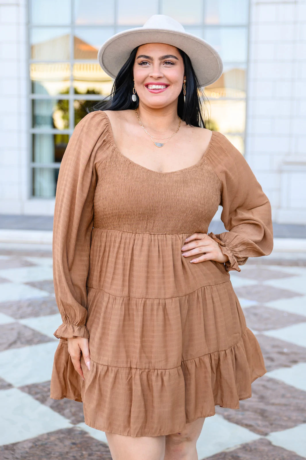 Brand Collab Brand Collab Sweetest Soul Tiered Knee Length Dress In Camel