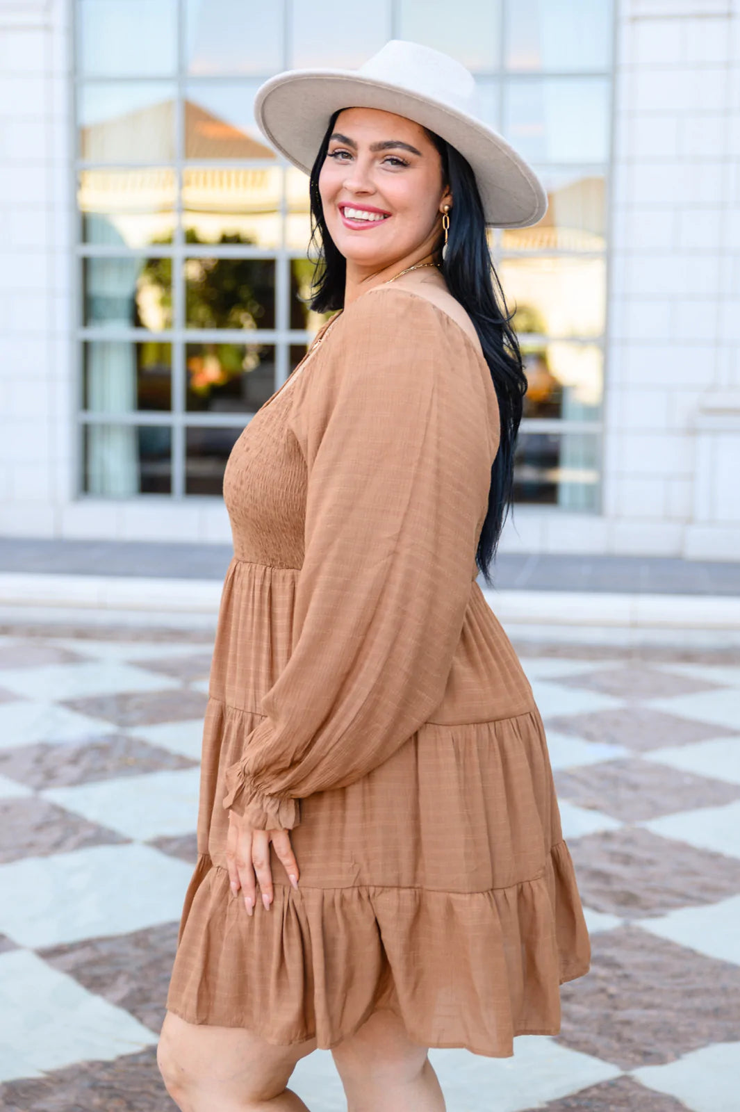 Brand Collab Brand Collab Sweetest Soul Tiered Knee Length Dress In Camel